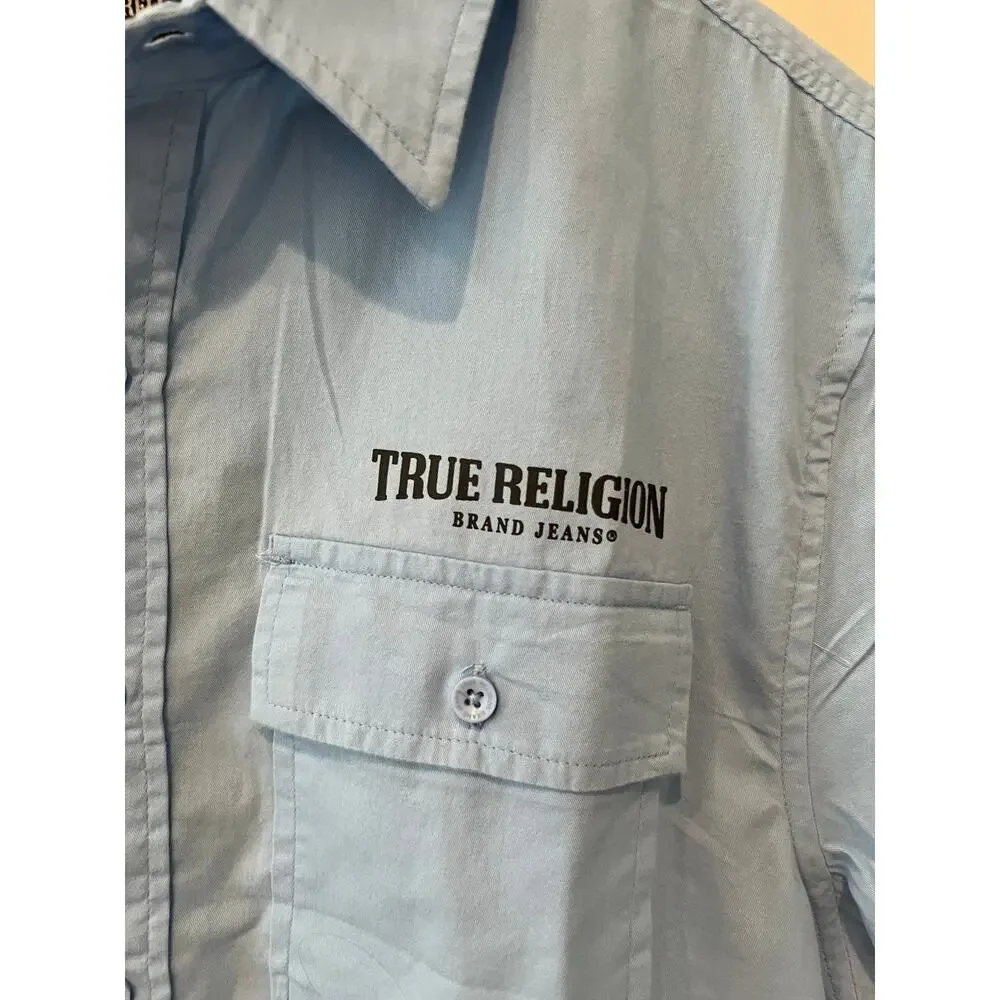 True Religion Utility Button Down Short Sleeve Shirt Light Blue M